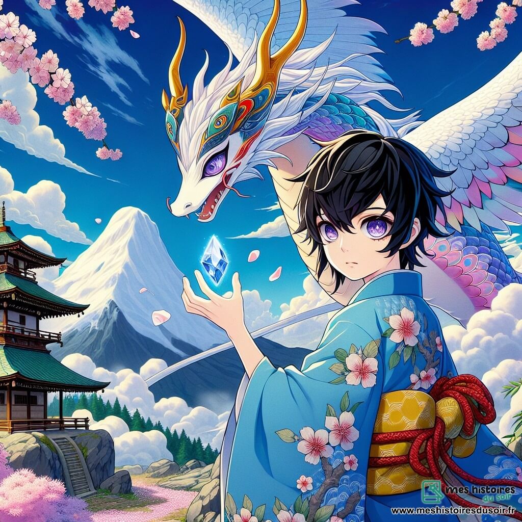 Haruto, un jeune homme de 16 ans aux cheveux noirs et aux yeux curieux, se tient au sommet d'une montagne sacrée, souriant d'émerveillement. Il porte un kimono bleu orné de motifs de cerisiers en fleurs et tient un cristal brillant diffusant une douce lumière. À ses côtés, un majestueux dragon aux écailles colorées s'élève dans les airs, observant Haruto avec bienveillance. En arrière-plan, des nuages flottants entourent le sommet, sous un ciel bleu éclatant. Des cerisiers en fleurs bordent le chemin menant à un ancien temple recouvert de mousse, ajoutant mystère à l'environnement. Haruto découvre le cristal de vérité, un moment de révélation et de connexion avec la sagesse ancienne, encouragé par le dragon à embrasser son destin.