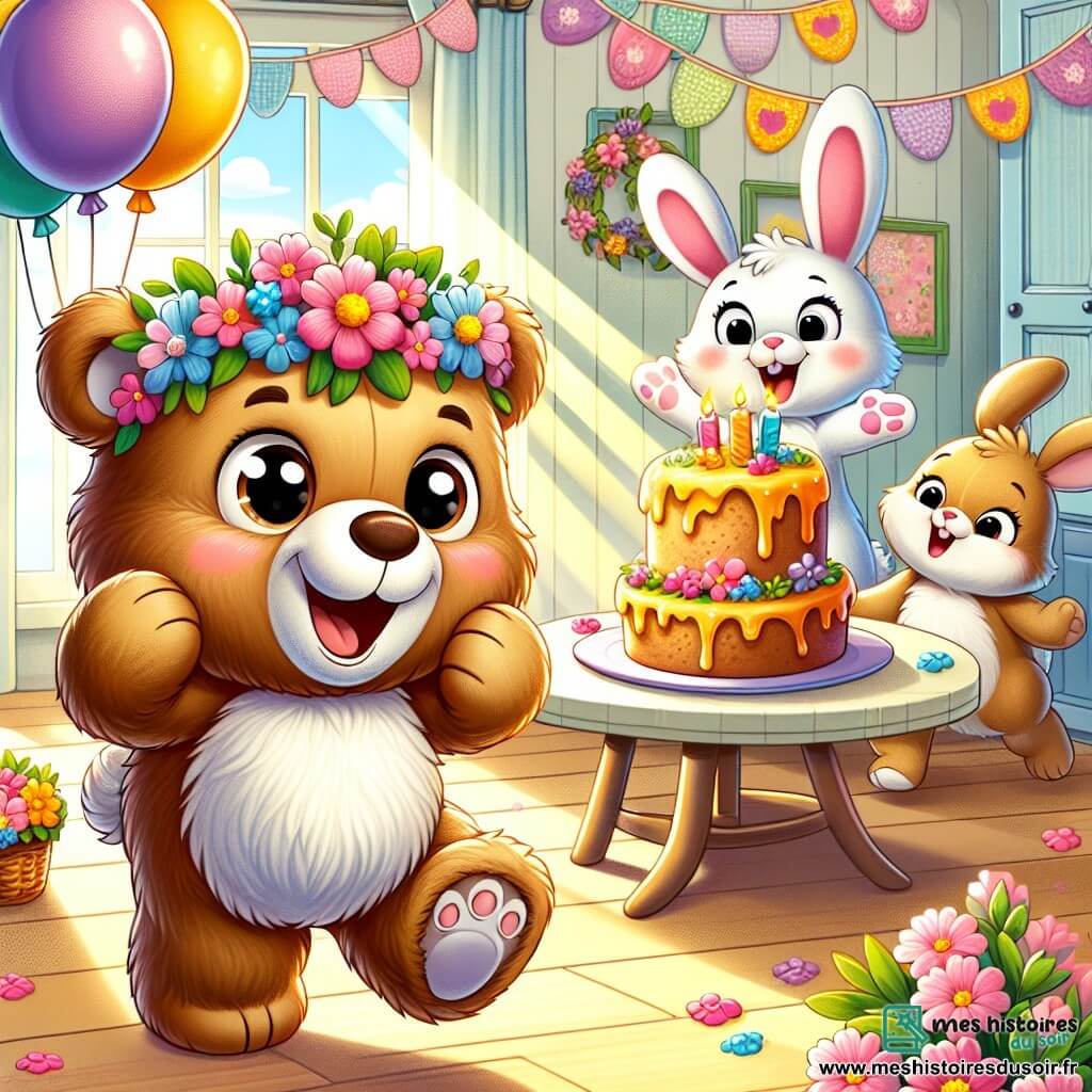 Petit Ours, un ours en peluche brun aux yeux pétillants, se tient au centre, souriant avec une couronne de fleurs. À ses côtés, Lapinou, un lapin blanc aux grandes oreilles, saute de joie en tenant un gâteau au miel décoré. En arrière-plan, Maman Ours, une ourse au pelage brun clair, entre avec un regard surpris et heureux, prête à accueillir la surprise. La scène se déroule dans un salon chaleureux, décoré de fleurs et de ballons, avec un grand gâteau au miel sur la table. Petit Ours et Lapinou crient "Surprise!" créant une atmosphère de joie pour la fête des mères.