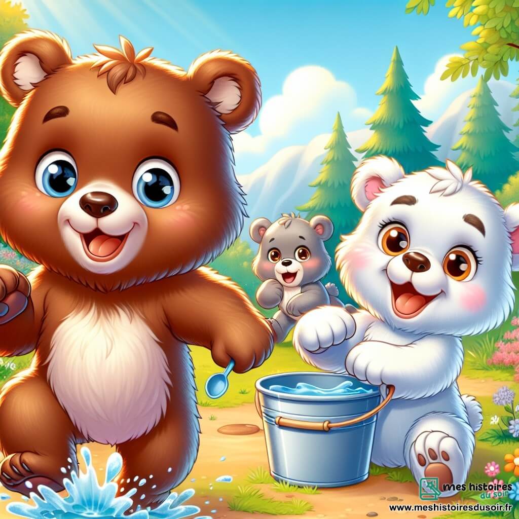 Petit Ours brun, un ourson au pelage brun, est debout sur ses pattes arrière avec un grand sourire et tient une petite cuillère. À côté, Petit Ours blanc, un ourson au pelage blanc, rit en courant vers un seau d'eau, prêt à jouer. Petite Ourse grise, au pelage gris, attend son tour avec impatience. Ils se trouvent dans un camp d'été en forêt, entourés d'arbres et de fleurs, jouant joyeusement au jeu de l'eau et s'encourageant mutuellement.