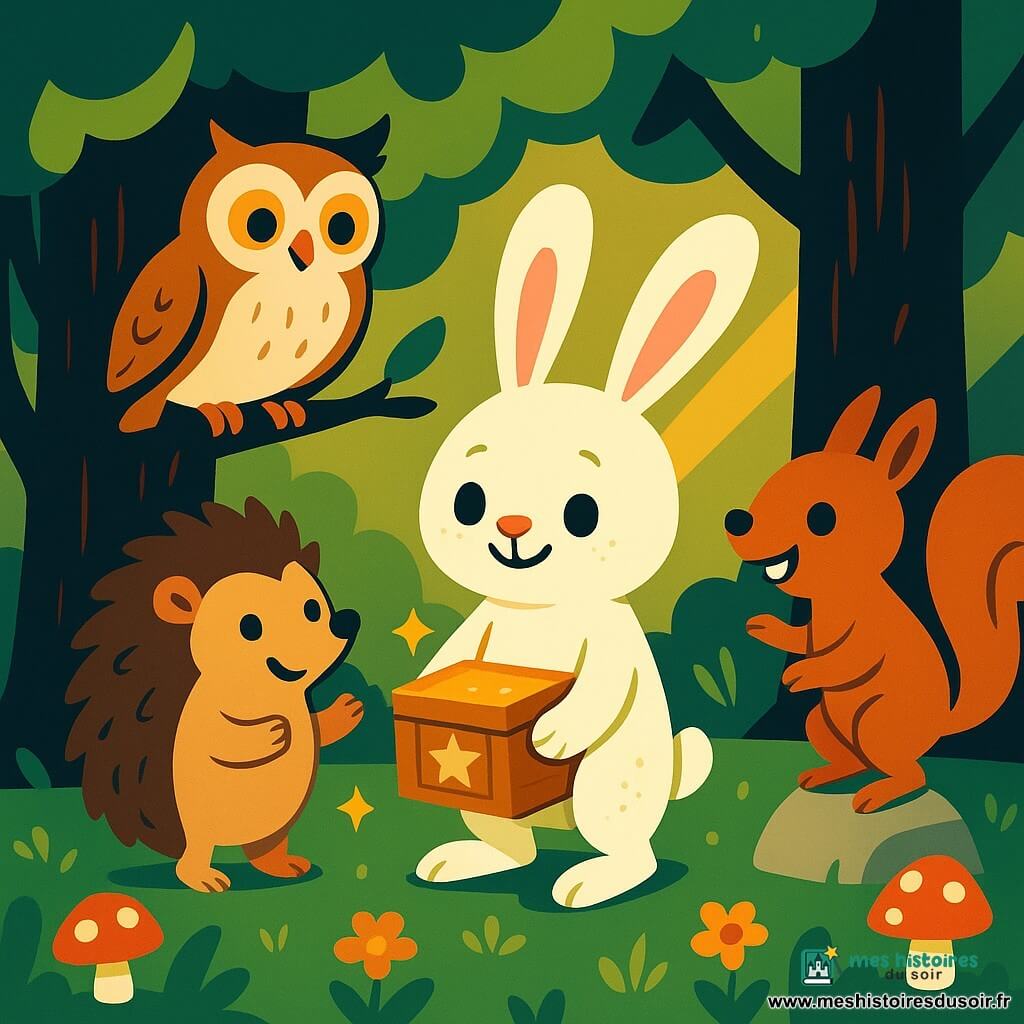 Un petit lapin blanc aux grandes oreilles souples, un peu poussiéreux de mousse, tient au centre une petite boîte en bois sculpté qui luit d'une lueur dorée, à gauche un hérisson rond aux piquants doux regarde la boîte la patte levée, derrière une chouette aux yeux sages est perchée sur une branche ailes mi-ouvertes, à droite un écureuil roux à la queue touffue se tient sur une pierre prêt à courir ; clairière lumineuse au sol couvert de mousse, arbres aux troncs épais, petites fleurs et champignons rouges à pois blancs, rayons de lumière diagonaux ; les amis viennent de découvrir une boîte magique projetant une carte d'étoiles scintillante, ambiance d'émerveillement, couleurs plates et contrastées, formes simples et composition centrée sur la boîte lumineuse.