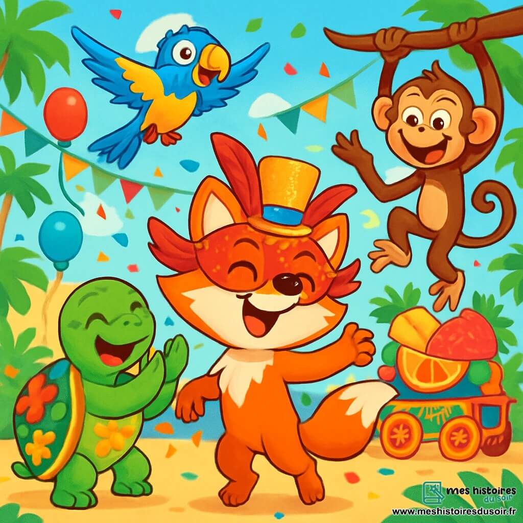 Petit Renard, un renard aux poils orange vif et à la queue touffue, porte un masque à plumes rouges et un chapeau brillant. Il danse joyeusement au milieu de la foule. À ses côtés, Lina, une tortue verte avec une carapace décorée de fleurs, bat des mains en riant. Coco, un singe espiègle aux poils bruns, fait des grimaces en se balançant d'une branche à l'autre. Paco, un perroquet aux plumes bleu et jaune, vole au-dessus d'eux en chantant. L'île est festive, ornée de guirlandes multicolores, de ballons et de chars décorés. Des confettis volent dans l'air, et la musique joyeuse résonne. Petit Renard et ses amis dansent ensemble, célébrant le carnaval avec énergie.
