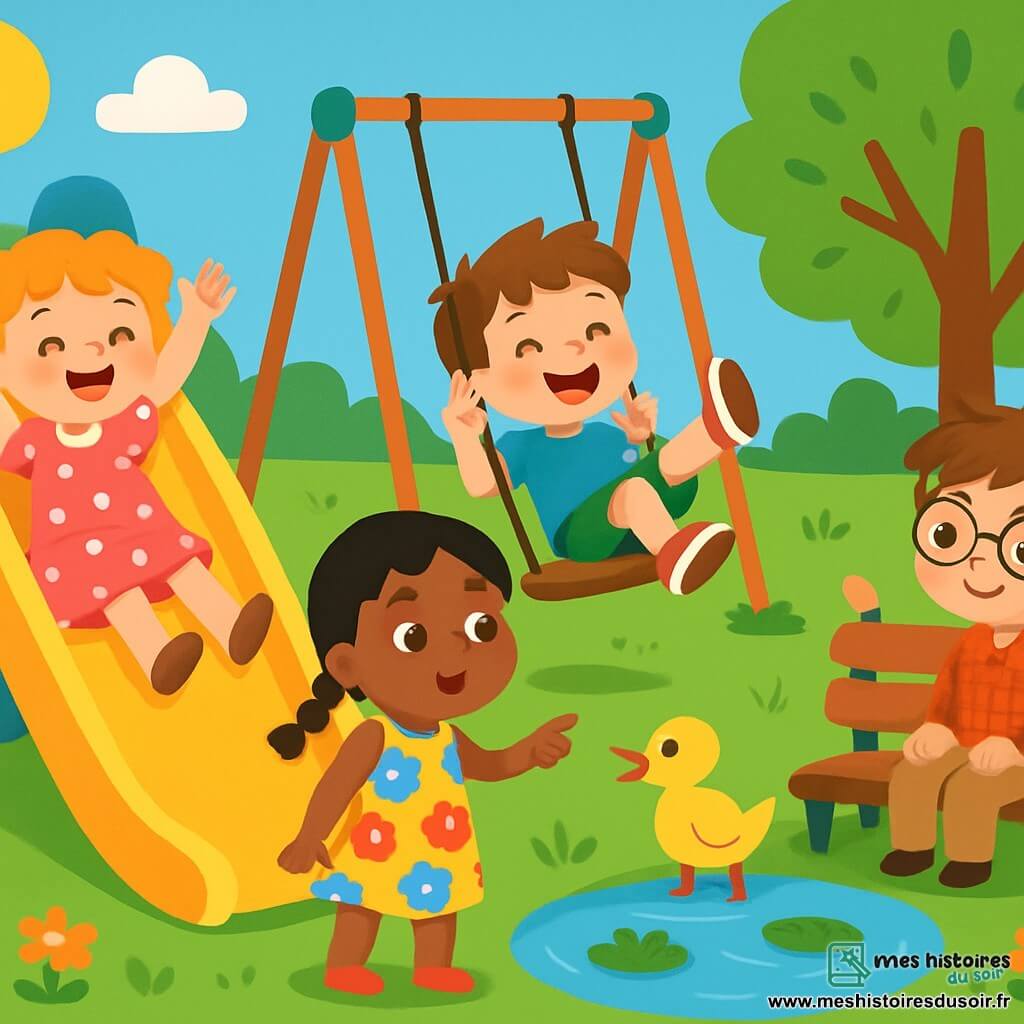 Quatre enfants s'amusent dans un parc ensoleillé : Léa, 7 ans, glisse sur un toboggan jaune en levant les bras ; Tom, 6 ans, rit sur une balançoire ; Mia, 6 ans, observe un canard près de la mare ; Paul, 7 ans, sourit en regardant ses amis depuis un banc. Le parc est verdoyant, avec des arbres dansants et des fleurs colorées, créant une ambiance joyeuse où chaque enfant exprime une émotion différente.