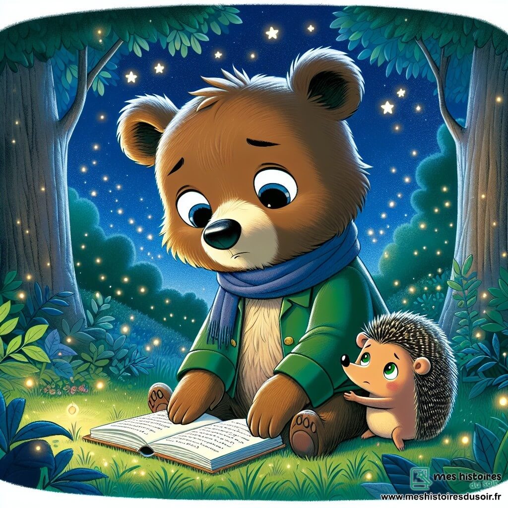 Benoît, un jeune ours brun aux grands yeux ronds et au pelage doux, se tient sur une colline verdoyante, regardant un ciel étoilé, avec une expression de mélancolie et de sérénité. À ses côtés, Hubert, un petit hérisson aux épines brillantes et au sourire chaleureux, se blottit contre lui, exprimant réconfort et compréhension. Ils se trouvent dans une clairière paisible, entourée de grands arbres aux feuilles scintillantes sous la lumière de la lune, avec des lucioles dansant dans l'air, créant une atmosphère magique. Benoît feuillette un livre ouvert sur ses genoux, rempli de souvenirs de leur amie disparue, Luna, tout en murmurant des mots doux à la nuit pour célébrer la mémoire de ceux qu'ils ont perdus.