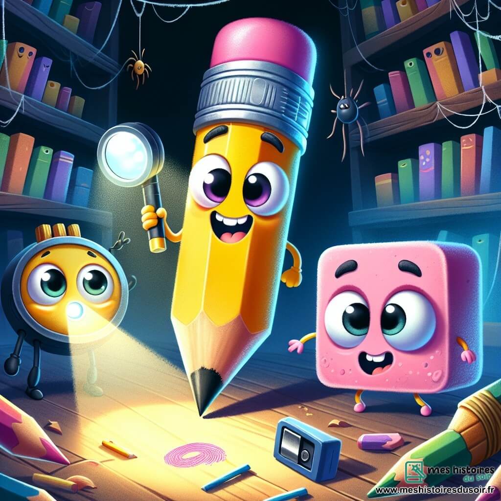 Petit Crayon, un crayon jaune vif avec un sourire malicieux, se tient au centre, les yeux écarquillés d'excitation. Il tient une lampe de poche qui éclaire son visage joyeux. À sa droite, Gomme, une gomme rose en forme de nuage, regarde autour d'elle avec inquiétude, ses grands yeux brillants de curiosité. À gauche, Taille-crayon, un taille-crayon bleu déterminé, se tient prêt à agir, scrutant l'obscurité. La scène se déroule dans une bibliothèque sombre, avec des étagères remplies de livres colorés et une lumière douce filtrant à travers une fenêtre poussiéreuse. Petit Crayon et ses amis enquêtent sur une empreinte colorée découverte près de la porte de la classe, avançant prudemment pour résoudre le mystère.