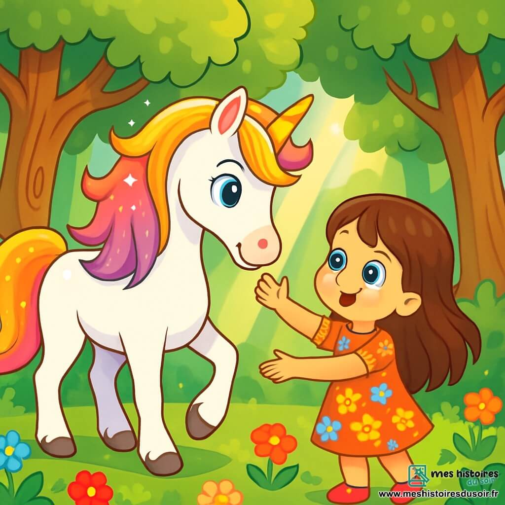 Une magnifique licorne aux crins scintillants, d'un blanc éclatant, se tient au centre de la scène, baissant la tête pour toucher délicatement la main d'une petite fille nommée Léa, six ans, aux longs cheveux bruns et aux yeux curieux. Elle porte une robe colorée ornée de fleurs et sourit avec joie, les bras tendus vers la licorne. La scène se déroule dans une forêt enchantée, où de grands arbres aux troncs noueux s'élèvent majestueusement, et des fleurs multicolores parsèment le sol, créant une atmosphère magique. La licorne et Léa partagent un moment de tendresse, prêtes à établir une belle amitié.