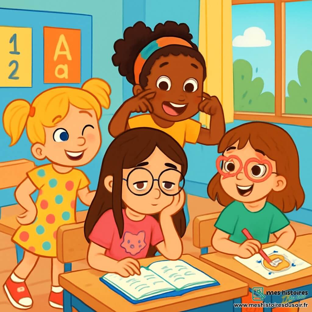 Il y a 4 enfants : Zoé, une fille de 8 ans avec de longs cheveux bruns et des lunettes rondes, porte un t-shirt rose avec un chat et un jean bleu. Elle est assise à son bureau, l'air pensif, regardant son cahier de mathématiques. Léa, aussi âgée de 8 ans, a des cheveux blonds en couettes et un grand sourire, portant une robe à pois multicolores et des baskets rouges. Elle est debout à côté de Zoé, lui faisant un clin d'œil. Inès, également 8 ans, a des cheveux châtains et des lunettes en forme de cœur, portant un t-shirt vert et une jupe à fleurs. Elle est assise en face de Zoé, dessinant un gâteau sur son cahier. Fatou, la dernière fille de 8 ans, a des cheveux crépus et un bandeau coloré, portant un t-shirt jaune et un short en jean. Elle est debout derrière Zoé, tirant une grimace amusante. La scène se déroule dans une salle de classe lumineuse avec des murs bleus clairs et des affiches colorées. Zoé, un peu triste pour son anniversaire, découvre un mot caché dans son cahier, tandis que ses amies, joyeuses, l'entourent pour lui remonter le moral et lui faire une surprise, créant une ambiance pleine de couleurs et de rires.