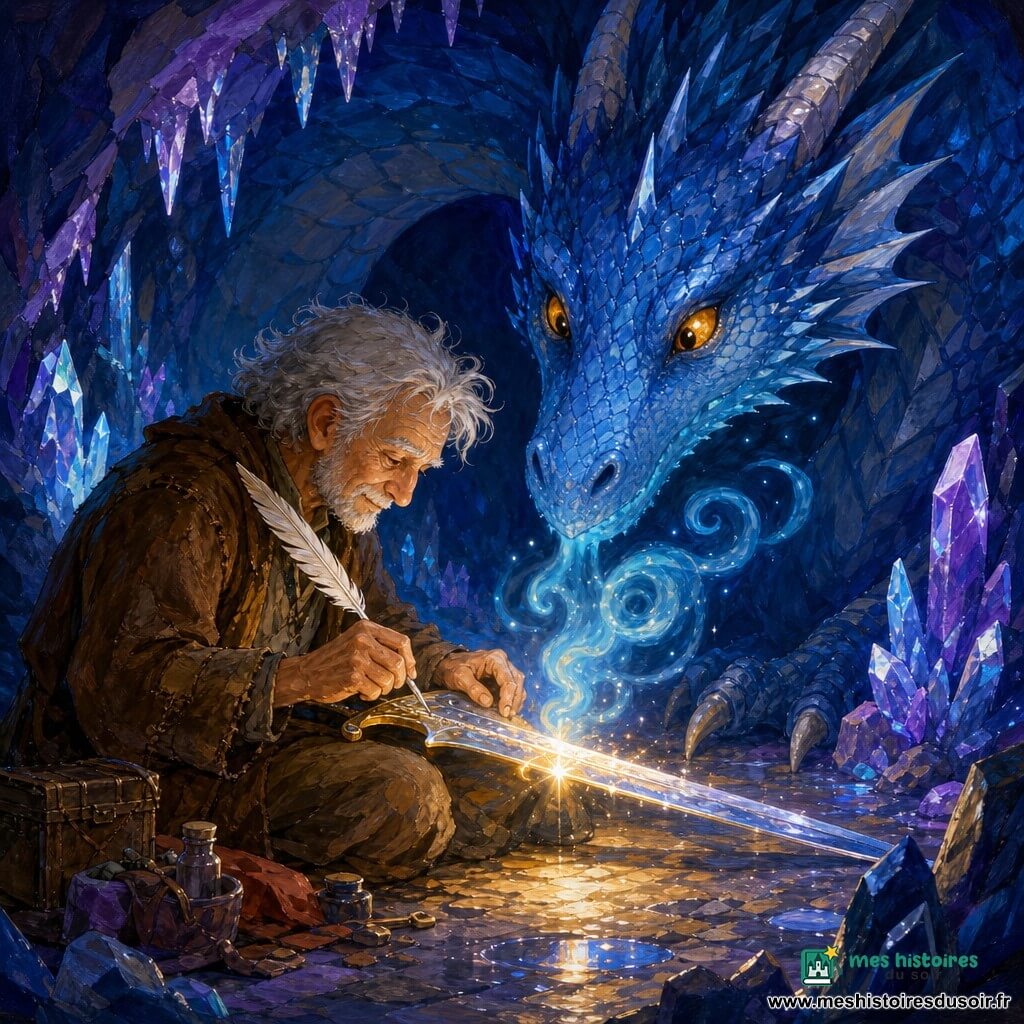 Mériol, assis, ému et humble, visage ridé et cheveux gris, tient une lame brillante sur ses genoux et trace son nom à la plume; derrière lui, un immense dragon bleu aux écailles saphir et aux yeux ambrés se penche avec bienveillance, soufflant des volutes lumineuses bleues qui, au-dessus de la lame, participent au moment précis de la réparation où une écriture lumineuse reforgé la lame dorée au centre, ponctuée d'éclats argentés; la grotte des Monts d'Azur, peinte en bleus profonds et violets avec parois cristallines et sol argenté miroitant, baigne la scène d'une atmosphère magique et chaleureuse; style acrylique, couleurs vives et contrastées, coups de pinceau visibles, formes douces adaptées aux enfants, éclairage dramatique focalisé sur la lame.