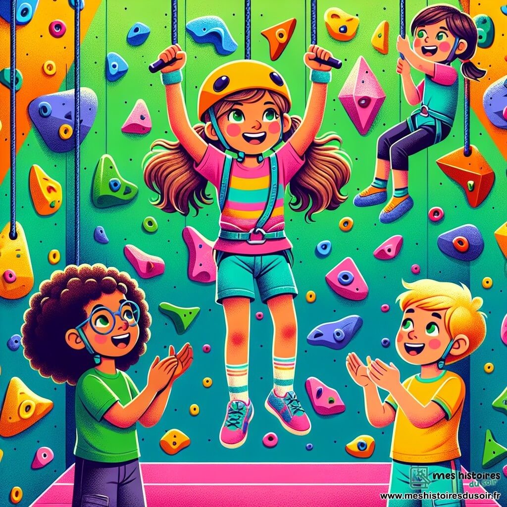 Lila, une petite fille de 8 ans, se tient au sommet d'un mur d'escalade coloré, souriante, avec de longs cheveux bruns en couettes, un t-shirt rose, un short bleu et un casque jaune. À ses côtés, Clara, aussi âgée de 8 ans, applaudit en t-shirt vert et pantalon noir. Max, un garçon de 9 ans aux lunettes et cheveux châtains, grimpe avec concentration, tandis que Tom, 8 ans avec des cheveux roux, encourage ses amis en bas. La salle d'escalade intérieure est décorée de murs multicolores avec des prises variées et des tapis de sécurité. Lila et ses amis célèbrent leur succès après un entraînement intense, remplis de rires et d'encouragements.