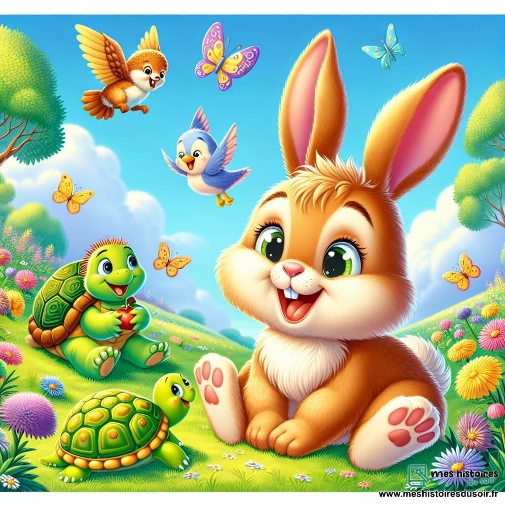 Illustration d'un petit lapin aux grandes oreilles, au pelage caramel, assis sur l'herbe verte, souriant et riant avec ses amis. Un oiseau bleu vole joyeusement autour de lui, prêt à partager une blague. Une tortue amicale et un hérisson amusé savourent l'ambiance. La scène se déroule dans une prairie ensoleillée, parsemée de fleurs colorées et de papillons, sous un ciel bleu avec des arbres en arrière-plan. Les amis célèbrent une fête joyeuse, entourés de rires et de jeux, avec des gâteaux colorés, des ballons et des étoiles scintillantes ajoutant une touche de magie à l'événement.
