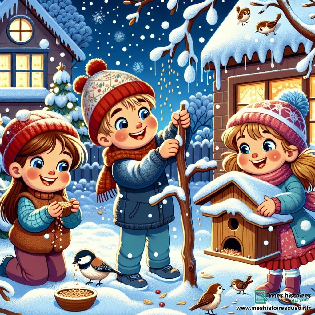 Trois enfants joyeux jouent dans un jardin enneigé. Léa, 8 ans, sourit en tenant une branche pour construire un abri pour les oiseaux. À côté, Thomas, 7 ans, verse des graines dans l'abri, tandis que Mia, 6 ans, rit en tenant de la neige. Le jardin est recouvert de neige scintillante, avec des arbres chargés de flocons. En arrière-plan, une maison chaleureuse avec des fenêtres illuminées crée une ambiance accueillante. Les enfants s'amusent à préparer un abri pour les oiseaux tout en profitant de la magie de l'hiver.