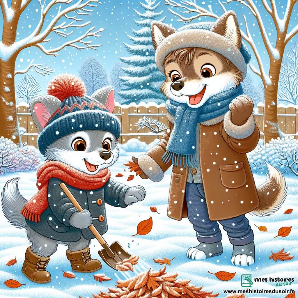 Petit Loup, un jeune loup aux poils gris et doux, porte un bonnet rouge et une écharpe bleue. Il saute de joie dans la neige, ses yeux pétillants de bonheur. À côté de lui, Maman Loup, une louve au pelage brun, sourit fièrement. Elle porte un manteau d'hiver et ramasse des feuilles avec une pelle en bois. Le jardin hivernal est recouvert d'une épaisse couche de neige scintillante sous le soleil, avec des arbres aux branches nues en arrière-plan et des flocons de neige tombant doucement. Petit Loup et Maman Loup préparent leur jardin pour l'hiver en s'amusant dans la neige.