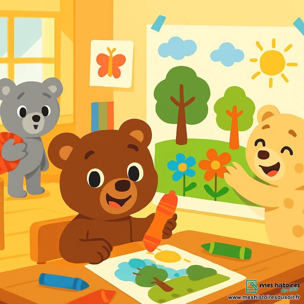 Un ourson nommé Bruno, avec un pelage brun et des yeux curieux, sourit en tenant un crayon coloré. Il est assis à une table en bois dans une salle de classe lumineuse. À côté de lui, une ourse espiègle nommée Léa, avec un pelage crème et des taches brunes, rit en ajoutant des fleurs colorées à une grande affiche. Au fond, un nouvel ourson nommé Oscar, avec un pelage gris clair et des yeux timides, regarde émerveillé, tenant son sac en toile. La classe est remplie de livres colorés et de dessins accrochés. Bruno, Léa et Oscar collaborent joyeusement pour créer une belle affiche sur leur forêt, dans une atmosphère d'amitié et de créativité.
