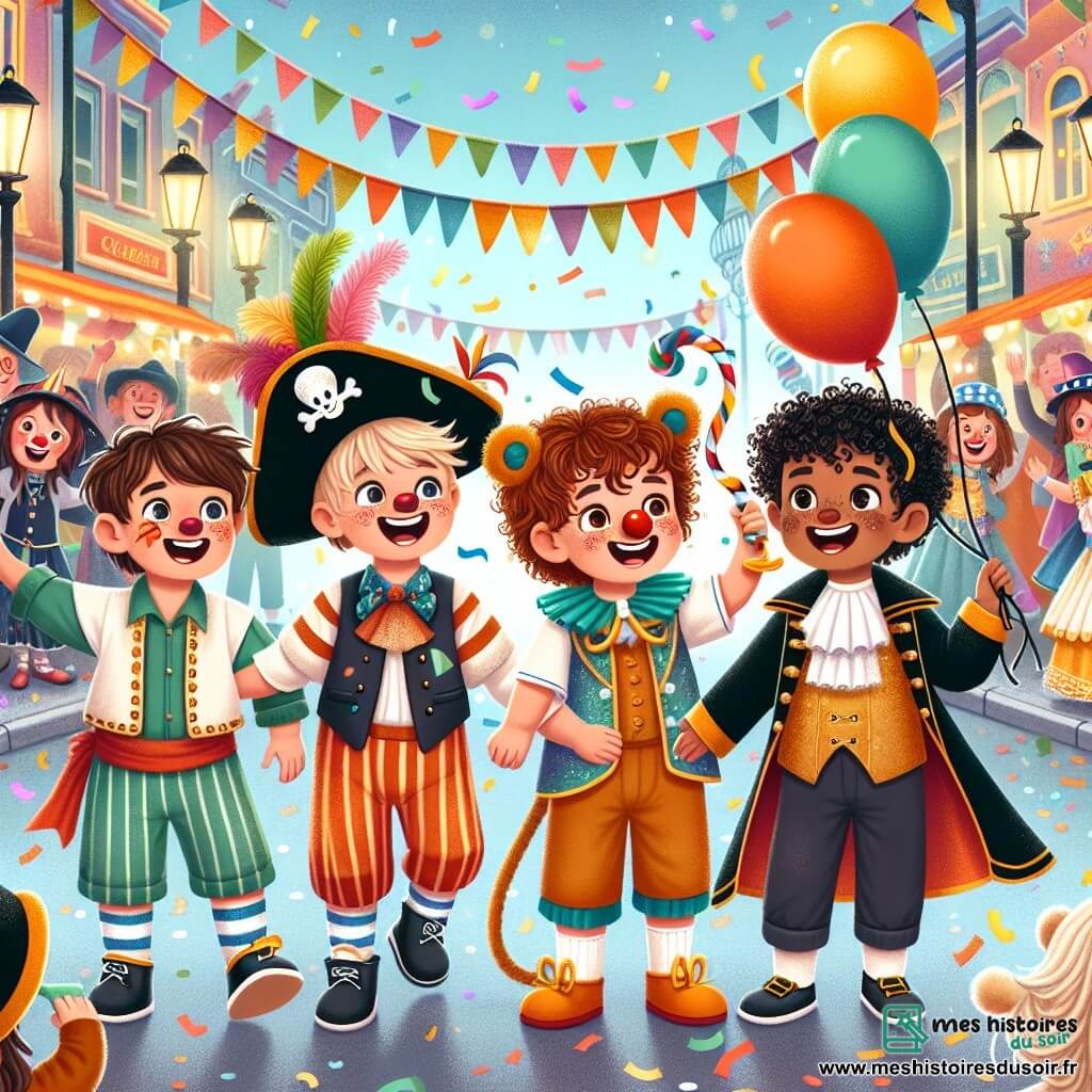 Quatre amis garçons de quatre ans se tiennent au centre de la scène : Léo, en costume de pirate avec un chapeau noir et une épée en plastique, sourit. À sa droite, Max, déguisé en clown avec un nez rouge et des ballons colorés, rit joyeusement. À gauche, Tom, en costume de lion avec une grande crinière dorée, regarde autour de lui avec curiosité. Enfin, Hugo, en cape de magicien tenant une baguette magique, affiche un air concentré. Le décor est une rue animée d'un village coloré, ornée de guirlandes multicolores et de confettis. Des personnages déguisés dansent autour d'eux, tandis qu'une fontaine scintille au fond. Les quatre amis sont en quête d'un trésor caché après avoir reçu un indice d'un clown magique, prêts à partir à l'aventure avec des sourires radieux.