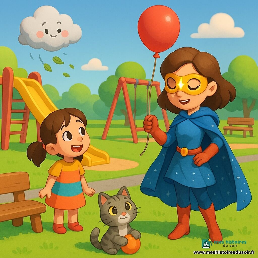 Éclaira, une super-héroïne souriante à cape bleue étoilée et masque doré, atterrit en rendant un ballon rouge à Zoé, une fillette d'environ 6 ans en robe colorée qui l'admire près d'un toboggan jaune ; un chat gris tigré, Minou, tient une balle orange près d'un banc en bois tandis qu'un petit nuage joueur aux joues roses tourne au-dessus du terrain de jeux coloré, ambiance joyeuse et sécurisante.