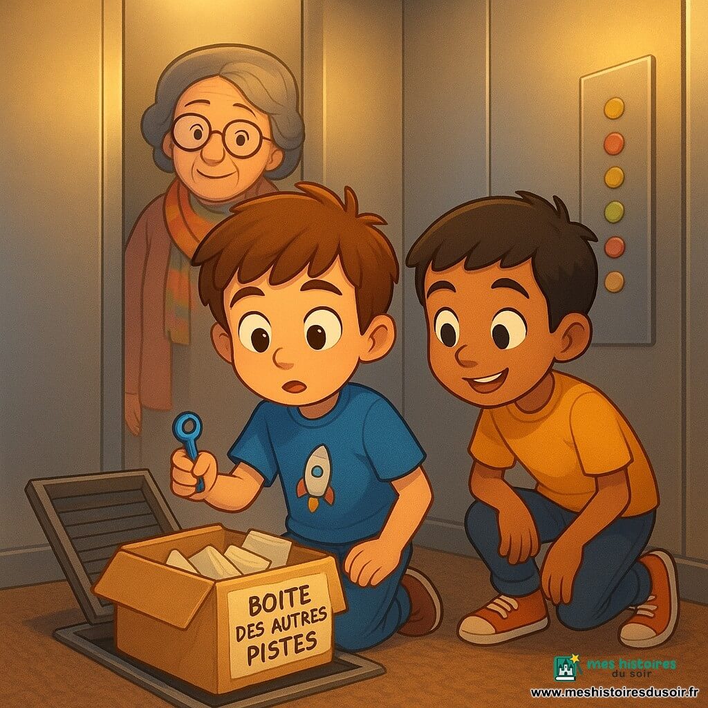 Un garçon de 8 ans, Léo, au centre, visage concentré et émerveillé, cheveux châtain courts en bataille, t-shirt bleu avec petite fusée et jean, tient une petite clé bleue en plastique près d’une trappe de ventilation ouverte; à côté, Amir, autre garçon d’environ 8 ans, expression curieuse et joyeuse, cheveux noirs courts et sneakers aux lacets orange, penché pour regarder une petite boîte en carton intitulée « Boîte des autres pistes » remplie de papiers pliés à l’intérieur de la trappe; Madame Inès, femme d’environ 60 ans, se tient dans l’encadrement de la porte de l’ascenseur, foulard coloré, lunettes rondes et sourire doux, observant bienveillante; lieu : intérieur d’un ascenseur lumineux aux parois métalliques douces, miroir légèrement embué, panneau de boutons colorés, tapis brosse au sol et petite lumière au plafond créant des reflets chauds; ambiance : exploration calme et sécurisante, couleurs pastel chaleureuses, ombres douces, composition centrée et lisible, style enfantin charmant et rassurant, textures douces, contours nets en cel-shading, éclairage doux doré, expressions lisibles, pas d’éléments effrayants, atmosphère d’aventure amicale.