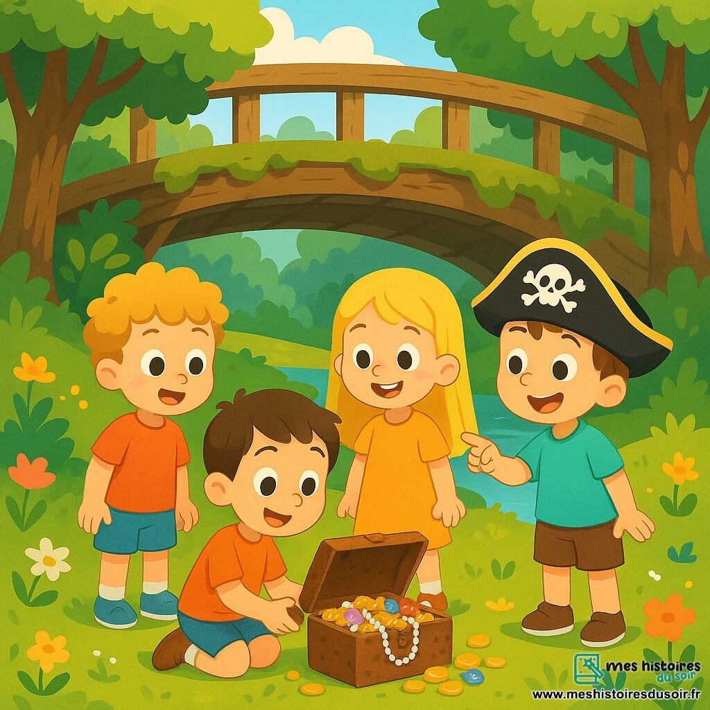Quatre enfants, deux garçons et deux filles, se tiennent dans une clairière ensoleillée sous un vieux pont en bois. Lucas, un garçon de six ans, est agenouillé avec une vieille boîte en fer rouillé. À côté de lui, Max l'observe avec émerveillement. Émilie sourit joyeusement, tandis que Léo, portant un chapeau de pirate, pointe la boîte avec excitation. La clairière, entourée d'arbres majestueux et de fleurs colorées, crée une ambiance paisible. Les enfants viennent de découvrir un trésor caché sous le pont, rempli de bijoux en plastique et de pièces dorées, et sont émerveillés par cette découverte.