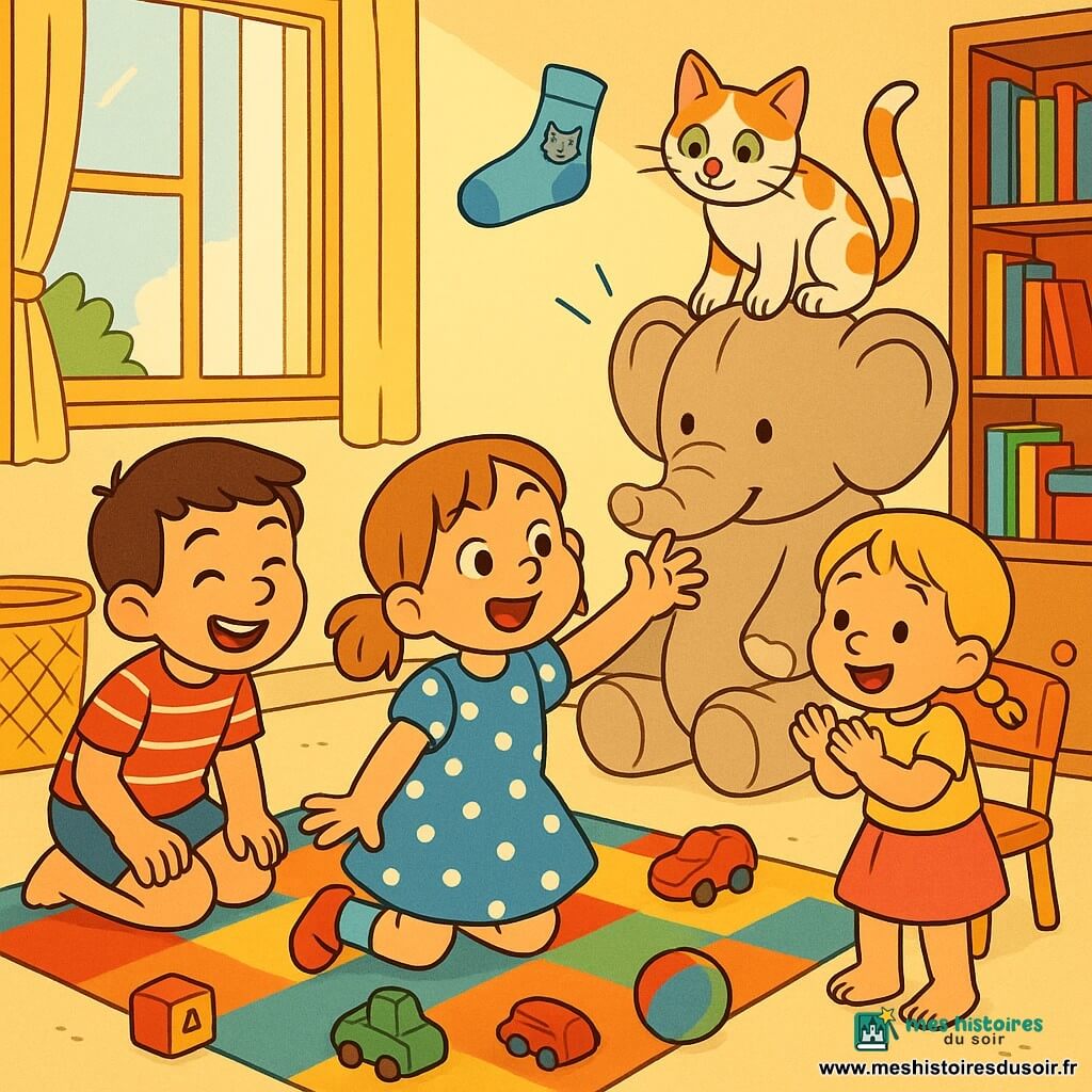 Zoé, 4 ans, cheveux châtain clair en couettes, robe bleue à pois blancs, souriante, tend la main vers une chaussette bleue à imprimé chat; Léo, ~6 ans, cheveux courts brun foncé, T‑shirt rouge rayé, accroupi à gauche, rit; Mia, ~3 ans, cheveux blonds en nattes, jupe rose, applaudit à droite près d'une petite chaise; le chat Pistache, pelage crème à taches rousses et yeux verts, perché sur un grand éléphant en peluche beige, regarde la chaussette comme s'il l'avait faite tomber; chambre de Zoé baignée d'une lumière chaude, jouets éparpillés, panier à linge, tapis géométrique et étagère de livres colorés; scène joyeuse et dynamique, les trois enfants rient autour de l'éléphant en peluche tandis que la chaussette bleue glisse doucement, style bande dessinée européenne aux couleurs vives et contours nets.