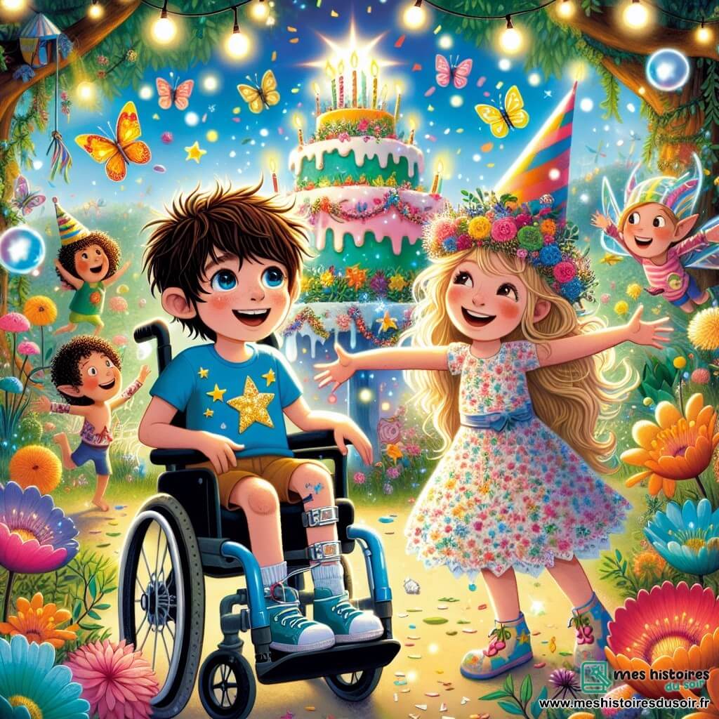 Dans un jardin magique, Timéo, un garçon de 7 ans en fauteuil roulant, est assis à côté de sa meilleure amie Zoé, 6 ans, qui porte un chapeau coloré et une robe à fleurs. Le jardin est rempli de fleurs colorées, de papillons et d'un grand gâteau d'anniversaire. Des lutins joyeux sautent et chantent autour d'eux. Timéo et Zoé rient ensemble, entourés de bulles colorées et de confettis, vivant un moment de joie et de magie, célébrant leur amitié et l'anniversaire.