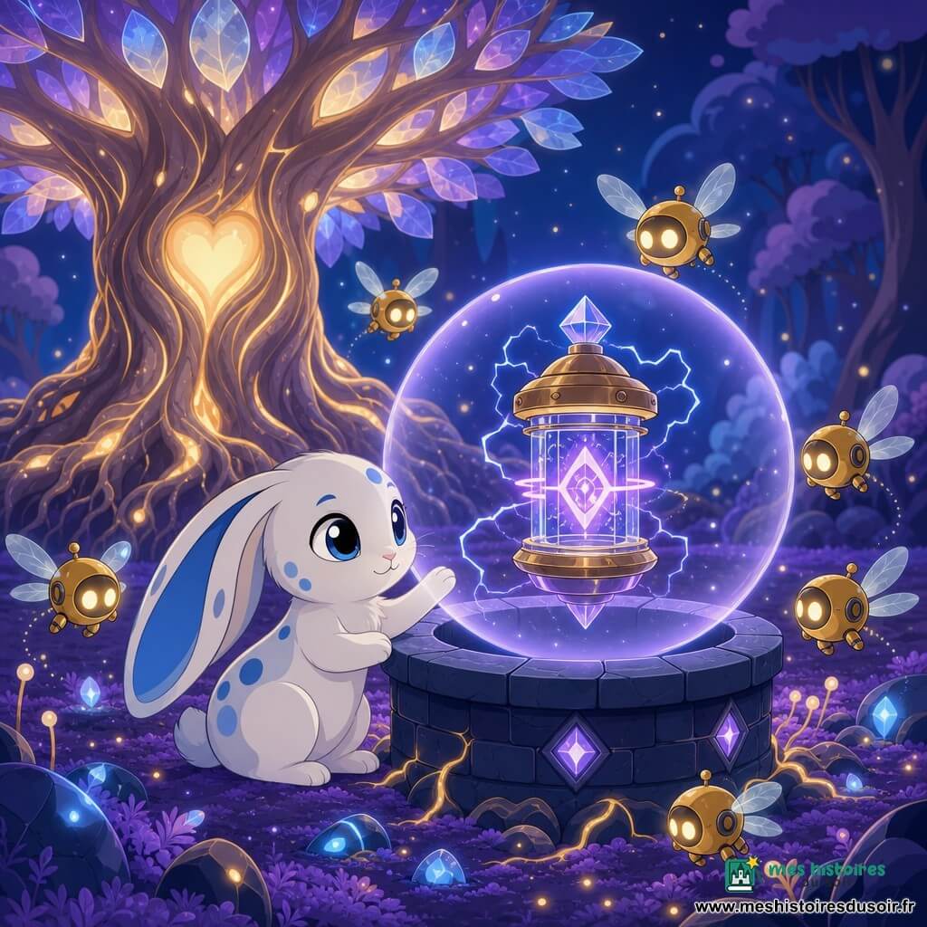 Un petit lapin blanc tacheté de bleu aux longues oreilles soyeuses et grands yeux ronds est assis devant une balise flottante en métal poli et verre — patte posée sur son socle pour la calmer — tandis que la balise, rayonnée de bandes violettes et d’éclairs bleus, clignote au‑dessus d’un puits sombre; de petits robots‑lucioles dorés aux ailes translucides bourdonnent en cercle en émettant des lueurs pâles, et, en arrière‑plan à gauche, le Cœur de la Forêt — un énorme arbre aux racines lumineuses et feuilles comme du verre — veille sur cette clairière de forêt de cristal (mousse violette, pierres luisantes, puits en pierre noire), alors qu’une bulle de lumière apaisante émane du lapin pour stabiliser la balise.