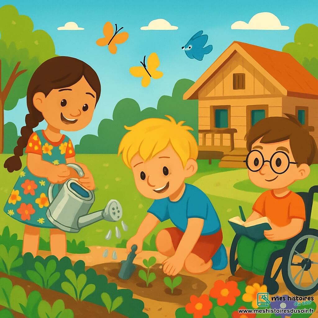 Il y a trois personnages : Léa, une fille de 8 ans avec de longs cheveux bruns tressés, portant une robe à fleurs colorées et tenant un arrosoir en métal ; Max, un garçon de 9 ans avec des cheveux blonds en bataille, vêtu d'un t-shirt bleu et de shorts, accroupi en train de planter des graines ; et Tom, un garçon de 8 ans avec des cheveux châtains et des lunettes rondes, assis dans son fauteuil roulant, observant les plantes avec un carnet. L'action se déroule dans un jardin ensoleillé, rempli de légumes verts et de fleurs, avec une maison en bois en arrière-plan. Les enfants travaillent ensemble dans le jardin, partageant rires et sourires sous le soleil.