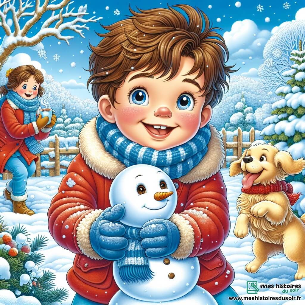 Lucas, un garçon de 7 ans aux cheveux châtains ébouriffés et au grand sourire, construit un bonhomme de neige dans un jardin enneigé. Il porte un manteau rouge, des gants bleus et une écharpe à rayures. Ses joues sont rosies par le froid. À côté de lui, son chien Biscuit, un golden retriever, court joyeusement dans la neige en aboyant. En arrière-plan, sa maman, une femme d'une trentaine d'années avec des cheveux bruns en chignon, le regarde avec tendresse en tenant une tasse de chocolat chaud. Le jardin est couvert de neige scintillante, avec des arbres dénudés et un ciel bleu parsemé de nuages. Lucas, plein d'énergie, façonne la neige, tandis que Biscuit s'amuse, créant une scène hivernale joyeuse.