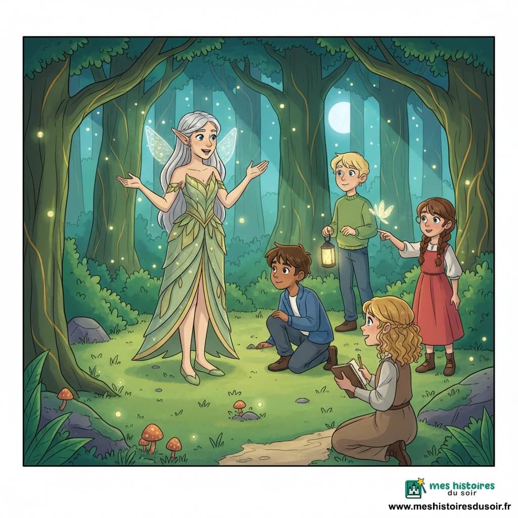Elanor, une elfe bienveillante et émerveillée aux longs cheveux argentés, peau légèrement dorée, oreilles pointues et petites ailes translucides scintillant comme du verre, vêtue d’une robe de feuilles vert pâle et fils d’or, se tient au centre d’une clairière de la Forêt d’Émeraude au crépuscule, un bras levé pour accueillir des enfants : Lila, 10 ans, cheveux bouclés dorés, yeux bleus, tenue champêtre, carnet et crayon, enthousiaste ; un garçon d’environ 11 ans, cheveux bruns courts, veste bleue, accroupi à gauche pour observer des champignons lumineux, curieux ; une fille d’environ 9 ans, cheveux tressés bruns, robe rouge, émerveillée, pointe un papillon lumineux près d’un buisson ; un garçon d’environ 10 ans, cheveux blonds, pull vert, tenant une petite lanterne et regardant le ciel étoilé, rêveur. Lieu : herbe moelleuse, cercle de champignons phosphorescents, arbres gigantesques aux troncs verts veinés d’or, lucioles flottantes, rayons de lune filtrant entre les branches, petites pierres moussues et sentier de sable clair ; situation : réunion chaleureuse et magique où l’elfe accueille les enfants pour écouter et partager des rêves, ambiance douce aux tons émeraude, or et pastel.