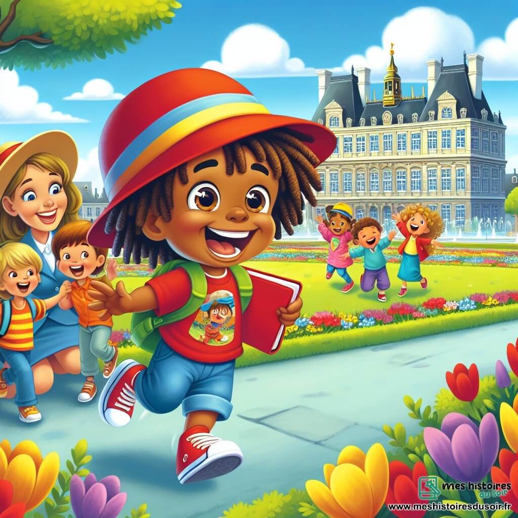 Lucas, un petit garçon de 4 ans avec des cheveux bruns en bataille et un grand sourire, porte un chapeau rouge et des chaussures bleues. Il saute de joie en tenant un carnet rouge, les yeux pétillants d'excitation. À côté, sa maîtresse, une femme d'une trentaine d'années avec des cheveux blonds en chignon et une robe colorée, sourit et l'encourage. Le décor est un parc à Vienne, rempli de fleurs colorées et de grands arbres, sous un ciel bleu avec quelques nuages. Lucas, ravi, retrouve son carnet perdu, entouré de ses amis qui l'encouragent, tandis que la maîtresse les observe avec bienveillance.