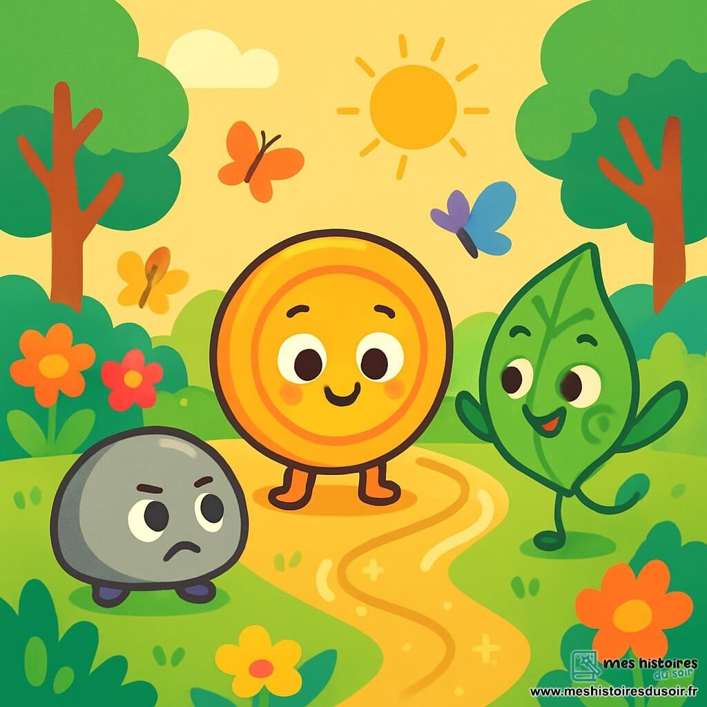 Petit Bouton, un petit bouton souriant et curieux, se tient au centre de l'image, émerveillé par une trace brillante au sol. À sa droite, Feuille Verte, une feuille espiègle, danse joyeusement, prête à explorer. À sa gauche, Caillou Gris, un caillou déterminé, est prêt à suivre la piste mystérieuse. Le cadre est un jardin coloré, rempli de fleurs vives, de papillons et d'arbres, baigné par la lumière dorée du soleil. Les trois amis sont excités et curieux, prêts à suivre la trace brillante promettant une aventure.