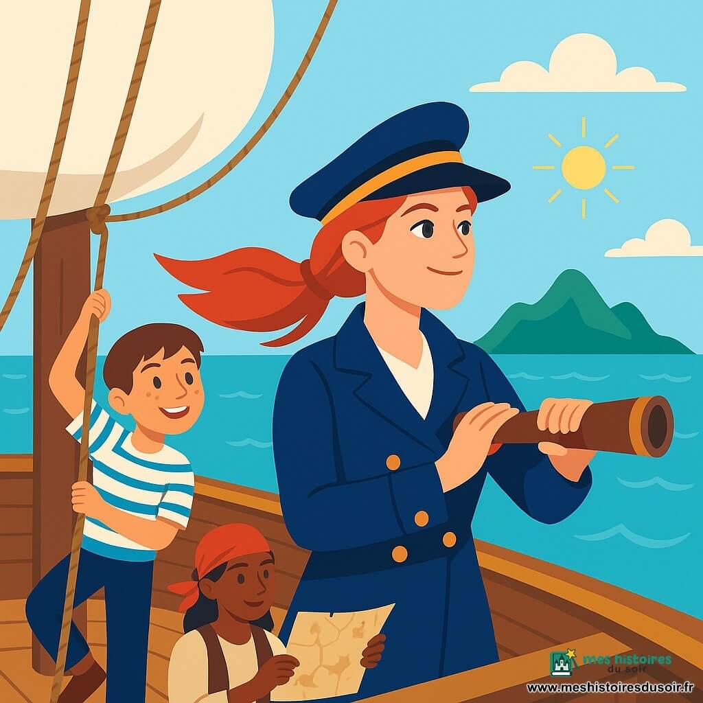 Capitaine Aurore, femme aux yeux brillants et visage déterminé, cheveux roux en tresse balayée par le vent, sourit en tenant une longue-vue en bois depuis la proue; à l'arrière, un garçon de 12 ans aux cheveux bruns et taches de rousseur, en chemise rayée, grimpe une corde en l'admirant; à gauche, une pirate adulte à peau foncée et bandana rouge déploie une carte près d'un coffre ouvert; le tout sur un pont de bois verni avec cordages et un grand mât à voile crème, mer turquoise scintillante et une île mystérieuse à l'horizon, ambiance d'aventure, couleurs vives et formes simples pour un rendu enfantin.