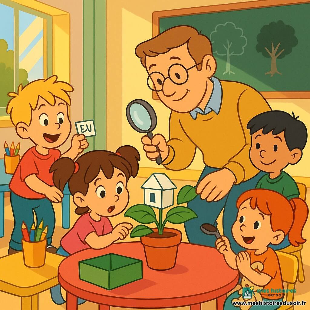 M. Lucas, instituteur souriant aux cheveux châtain clair et lunettes rondes, en pull moutarde et pantalon bleu, penché avec bienveillance tenant une loupe et posant une mini-cabane en papier sur un pot de plante ; autour, Lila (5 ans, couettes brunes) à genoux touchant une feuille, Tim (6 ans, blond en bataille) debout à gauche tenant une étiquette "eau", Sacha (5 ans, cheveux noirs) à droite tenant une cuillère de terre, Ana (4 ans, rousse) assise applaudissant avec son doudou ; grande salle de classe lumineuse aux tables rondes colorées, crayons vifs, tableau à craie et boîte verte ouverte ; moment tendre et scientifique d'observation, protection de la plante et prise de notes, ambiance douce aux couleurs pastel, expressions d'émerveillement et coopération.