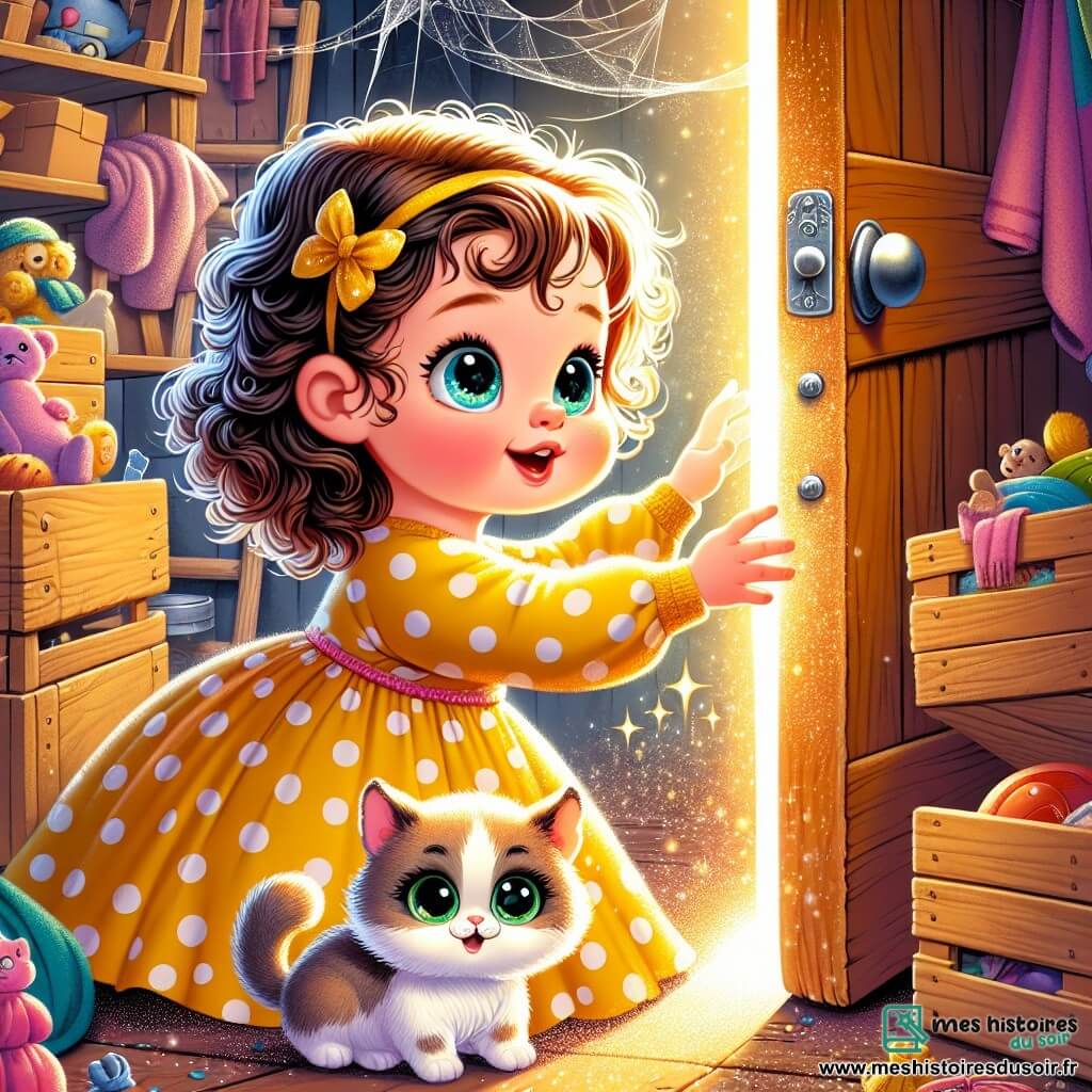 Une petite fille de 2 ans, aux grands yeux brillants et cheveux bouclés, porte une robe jaune à pois et sourit émerveillée en ouvrant une porte scintillante dans un grenier poussiéreux. À ses côtés, un petit chat aux poils doux et yeux verts pétillants la regarde amicalement, assis sur une vieille caisse en bois. Le grenier est rempli de vieux jouets, de toiles d'araignée et de rayons de lumière filtrant par une fenêtre, avec des cartons empilés et des souvenirs éparpillés. Lili découvre une porte magique menant à un monde coloré et fantastique, impatiente de commencer son aventure.