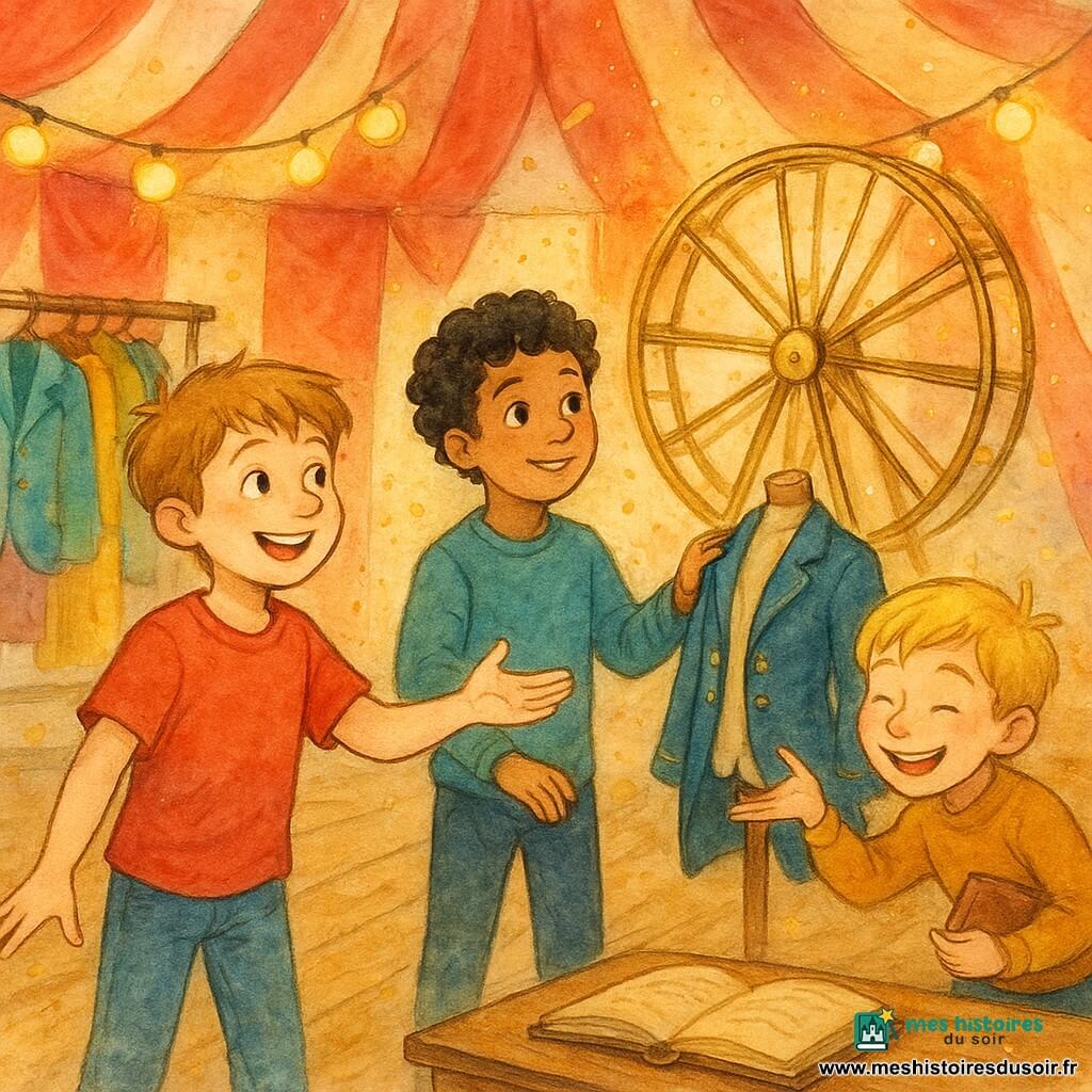 Trois garçons dans une piste de cirque sous une grande tente rayée rouge et blanche : Léo, presque 9 ans, cheveux châtain clair en bataille, visage rond et souriant, debout au premier plan à gauche, tend la main vers la grande roue en la complimentant ; Max, 9 ans, cheveux noirs bouclés et yeux doux, au centre droit, caresse une manche de costume sur un mannequin en regardant la roue avec admiration ; Tom, 8 ans, blond et malicieux, placé légèrement derrière Léo au centre, fait une révérence théâtrale en riant et tient un petit carnet ; autour d’eux, plancher de bois ciré, portants de costumes colorés à gauche, un grand registre ouvert sur une table, guirlandes de lampions jaunes, et à l’arrière-plan droit une grande roue d’équilibriste en métal doré un peu usé qui commence à tourner doucement sous l’effet d’un « marathon de compliments », avec éclaboussures d’aquarelle dorée et confettis flottants suggérant la magie.