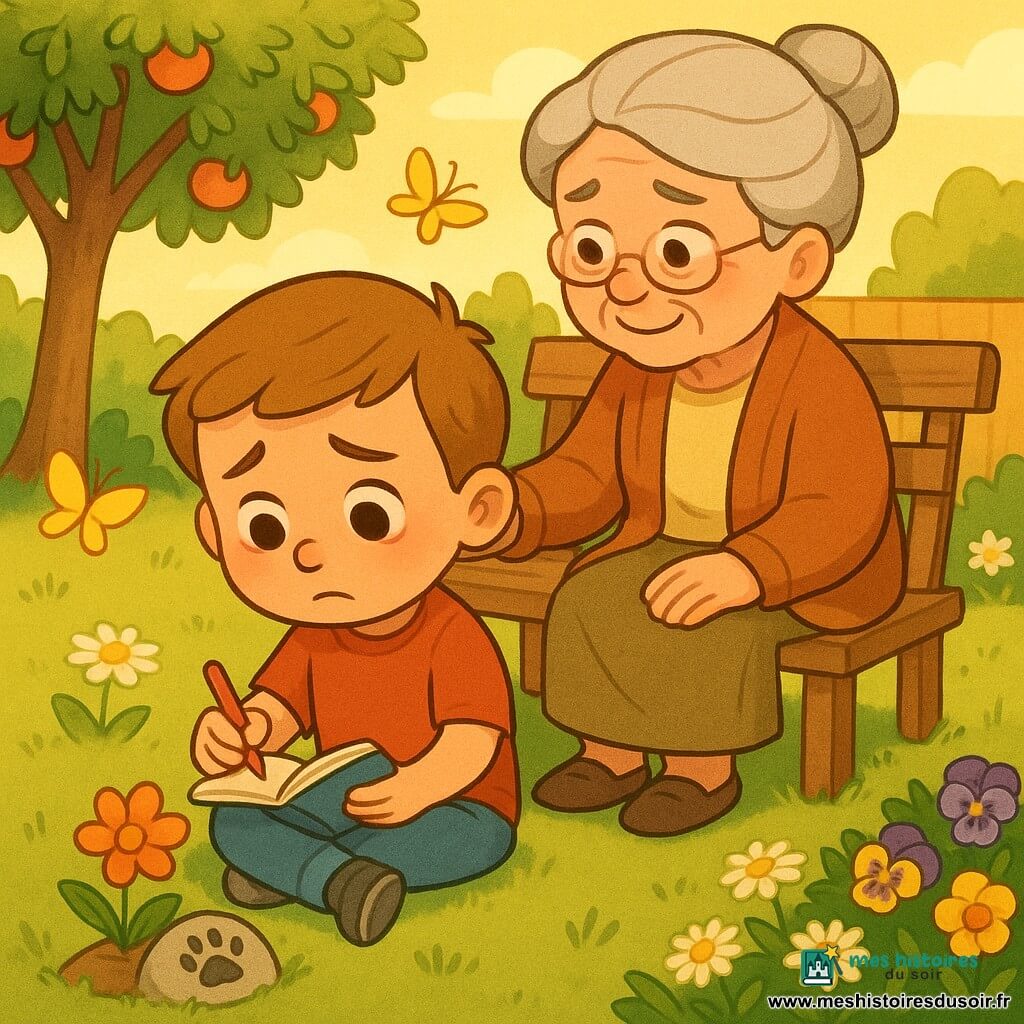 Un garçon de 6 ans au visage rond et cheveux châtain clair coupés court, yeux grands et brillants, expression à la fois triste et apaisée, tient un petit carnet et dessine assis sur l'herbe; sa grand‑mère d'environ 70 ans, cheveux gris en chignon, vêtue de vêtements chauds, au sourire tendre et aux yeux humides, est assise sur un banc en bois juste derrière lui, une main sur son épaule; un petit chat roux est suggéré par une pierre peinte en forme de patte et une fleur plantée au premier plan près du garçon; le jardin est lumineux avec pelouse verte, massifs fleuris, papillons jaunes, un arbre fruitier à gauche et une lumière dorée de fin d'après-midi; la scène montre le garçon dessinant des souvenirs près de la fleur commémorative tandis que sa grand‑mère le réconforte, ambiance douce aux couleurs chaudes, traits simples et arrondis, atmosphère apaisante et contemplative.