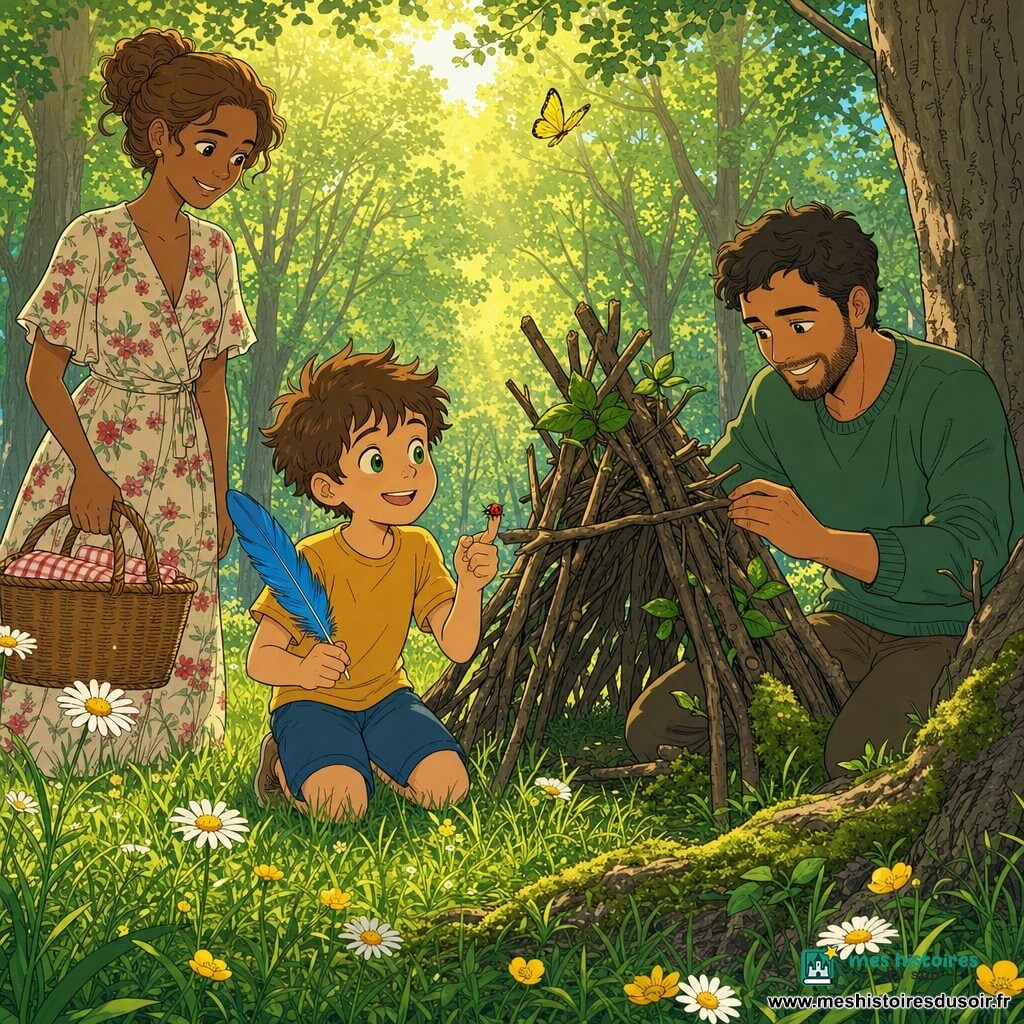 Un garçon aux cheveux bruns en bataille tient une grande plume bleue et regarde une petite cabane en branches avec émerveillement, une coccinelle sur son doigt et un papillon jaune au-dessus; la mère en robe à fleurs, panier de pique-nique à la main, le regarde avec douceur depuis la clairière à gauche; le père barbu ajuste une branche en s'agenouillant à droite; la clairière baignée de lumière dorée, herbe et pâquerettes crée une atmosphère tendre et paisible.