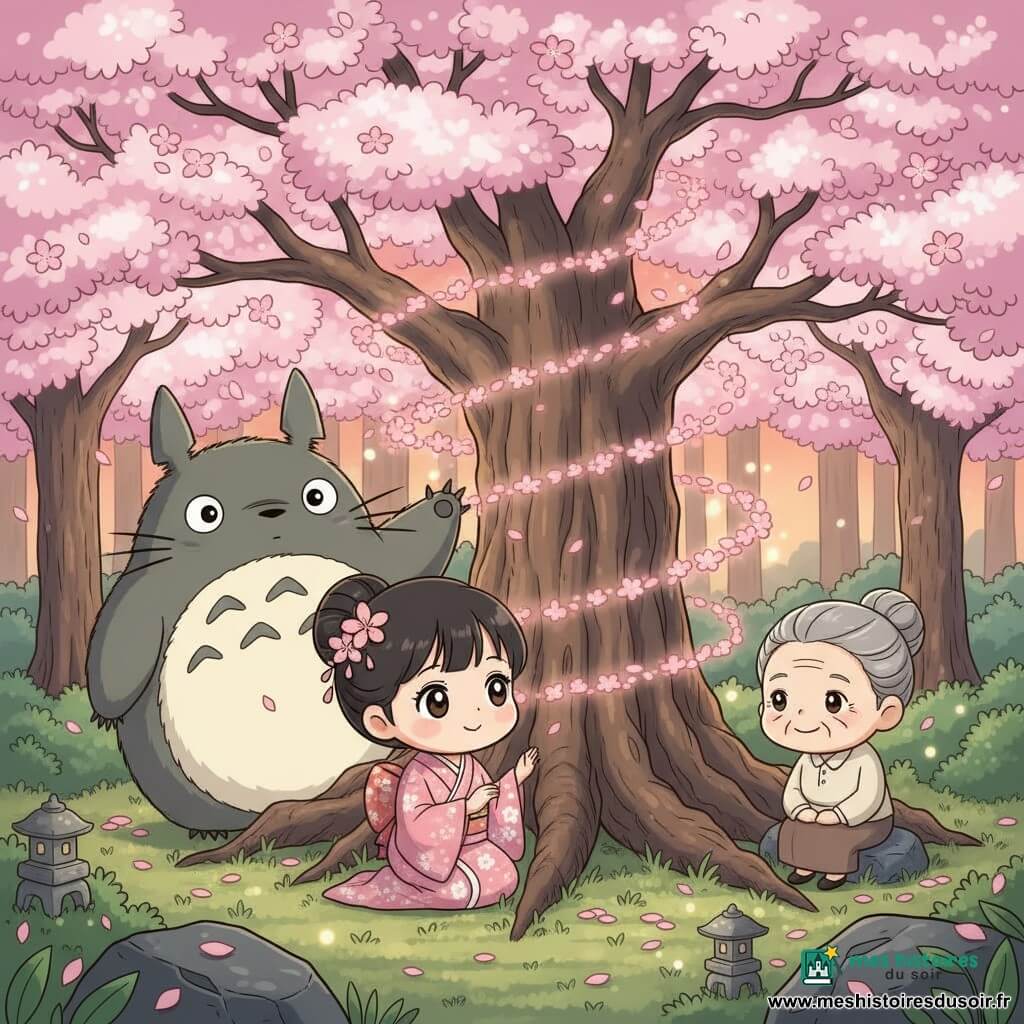 Sakura, jeune femme aux cheveux noirs en chignon décoré d'une fleur de cerisier, visage rond et yeux brillants, agenouillée devant l'immense Arbre des Souhaits dans une clairière de cerisiers en fleurs au crépuscule, pose les mains près du tronc en chuchotant un vœu ; Totoro, grand esprit forestier pelucheux gris au ventre clair, se tient derrière elle à gauche, bienveillant et une patte levée, et une grand-mère aux cheveux gris en chignon, visage ridé mais souriant, assise sur une pierre à droite, regarde la scène avec tendresse ; sol couvert de pétales roses, mousses, lanternes en pierre, pétales tourbillonnant en spirale lumineuse, ambiance chaleureuse et magique, rendu mignon et simple.