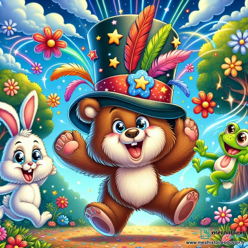 Barnabé, un ours brun malicieux portant un chapeau haut de forme coloré, rit entouré de fleurs dans une forêt enchantée. Près de lui, un lapin blanc espiègle saute joyeusement, tandis qu'une grenouille verte se prépare à un saut acrobatique. La scène est illuminée par le soleil, avec des arbres colorés et un sol couvert de fleurs multicolores. Barnabé assiste à un concours de saut hilarant entre les animaux, créant une ambiance festive.