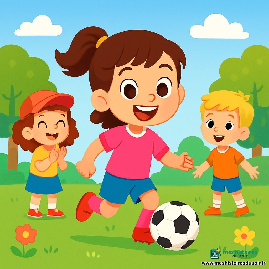 Luna, une petite fille joyeuse de 8 ans, porte un maillot de foot rose et un short bleu. Elle a de grands yeux pétillants et un sourire éclatant. Elle court avec un ballon de foot noir et blanc à ses pieds. À côté d'elle, Mia, une fille de 7 ans avec des cheveux bouclés et une casquette rouge, applaudit en souriant. Tom, un garçon de 8 ans aux cheveux blonds, se tient un peu plus loin, prêt à recevoir le ballon. Le terrain de jeu est un espace vert entouré d'arbres et de fleurs colorées, sous un ciel bleu clair. La scène dépeint une atmosphère joyeuse et dynamique, pleine d'énergie et d'amitié.