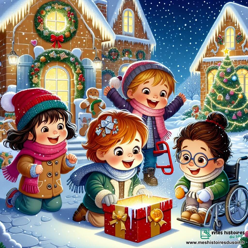 Quatre amis sont réunis : Léo, 8 ans, avec des cheveux bruns en bataille, portant un bonnet rouge et une écharpe bleue, tient une luge rouge. Clara, 7 ans, avec des cheveux blonds tressés, vêtue d'un manteau rose et de gants blancs, chante joyeusement. Max, 9 ans en fauteuil roulant, avec des cheveux noirs et des lunettes, sourit en tenant une cloche argentée. Zoé, 6 ans, avec des cheveux châtains bouclés et une robe verte, s'accroupit près d'une boîte brillante, curieuse. Le décor est un village enneigé avec des maisons en pain d'épices et un grand sapin décoré. Les amis découvrent la boîte sous le sapin, entourés de flocons de neige, tandis qu'une petite fée scintillante, Fée Sucre-d'Orge, les salue, prête pour une aventure magique de Noël.