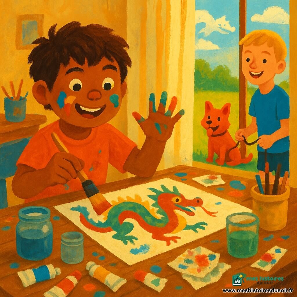 Enzo, environ 10 ans, visage rond, cheveux bruns en bataille, taches de peinture sur les doigts et la joue, concentré et heureux, tient un large pinceau et peint un dragon coloré sur une grande feuille posée sur une table en bois; Léo, aussi ~10 ans, cheveux blonds courts, souriant, se tient près de la fenêtre du fond en tenant la laisse d’un petit chien roux vif, langue sortie; l’atelier est petit et lumineux, table couverte de tubes de peinture ouverts, bocaux d’eau, chiffons tachés et pots à pinceaux, papier plein de coups de pinceau, fenêtre gauche avec rideau léger donnant sur un jardin herbeux et des nuages en forme de dragon; Enzo peint en gestes larges, éclaboussures de bleu, rouge, vert et jaune, atmosphère chaude et créative, lumière dorée du matin traversant la fenêtre.