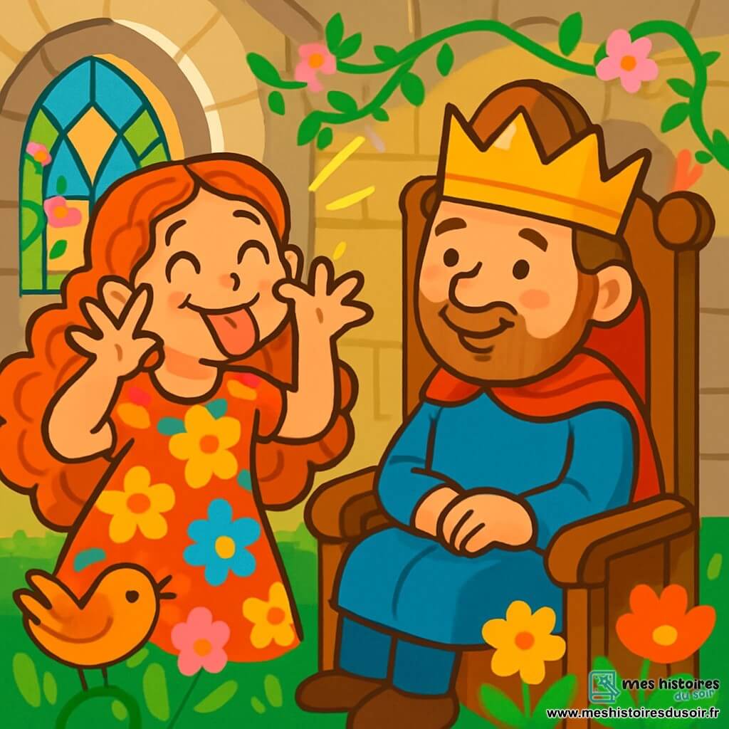 Une femme douce nommée Rose, avec de longs cheveux bouclés et une robe fleurie aux couleurs vives, sourit en racontant une histoire drôle au roi. Elle a des yeux pétillants et un visage rayonnant de bonheur. Le roi, un homme d'âge moyen avec une couronne dorée et une tunique bleue, est assis sur un trône en bois sculpté, écoutant attentivement avec un sourire qui apparaît sur son visage. Le lieu est un château magique, avec des murs en pierre ornés de lianes fleuries, des fenêtres en vitrail coloré et un jardin luxuriant rempli de fleurs éclatantes et d'oiseaux chantants. Rose fait des grimaces amusantes pour faire rire le roi, tandis que les fleurs semblent danser et que la lumière du soleil illumine la scène de couleurs joyeuses.