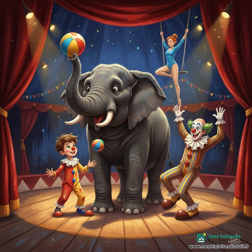Léo, garçon de 12 ans, rayonnant en petit costume de clown rouge et jaune, lance une balle colorée à Gustave, un éléphant massif au regard malicieux tenant une balle multicolore ; en arrière-plan Sophie, trapéziste aux cheveux roux en justaucorps bleu scintillant, virevolte suspendue à son trapèze, tandis que Max, clown au visage maquillé et nez rouge, fait une pirouette comique à côté de l’éléphant ; le chapiteau de nuit, plancher en bois ciré, rideaux rouges et projecteurs chauds créent une ambiance festive et comique ; style peinture acrylique avec coups de pinceau visibles, textures épaisses, couleurs vives contrastées, éclairage dramatique mais chaleureux, composition centrée et expressions lisibles pour enfants.