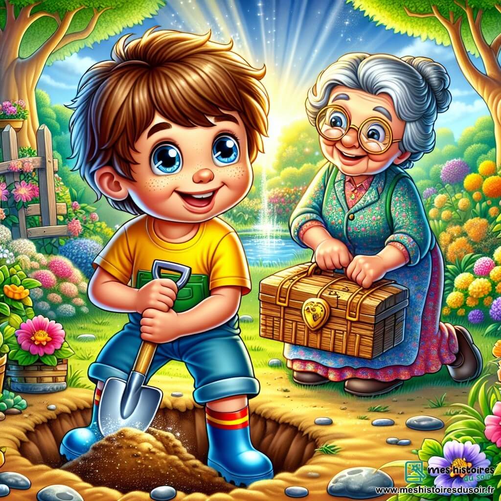 Léo, un garçon de 6 ans aux cheveux bruns en bataille et aux yeux ronds, creuse dans le jardin avec un grand sourire. Il porte un t-shirt jaune et un short bleu, ainsi que des bottes en caoutchouc. À ses côtés, sa Mamie, âgée d'environ 65 ans, avec des cheveux gris en chignon et des lunettes rondes, l'observe avec bienveillance, vêtue d'une robe fleurie et tenant un panier de légumes. Le jardin est luxuriant, rempli de fleurs, d'arbres et d'une mare scintillante. Léo découvre une boîte en bois avec une serrure dorée, tenant une pelle en bois, prêt à ouvrir la boîte pour en révéler le contenu mystérieux.
