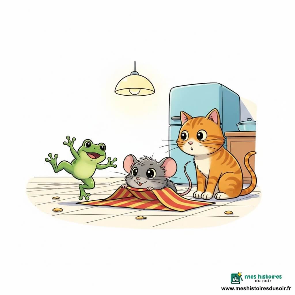 Mimi, petite souris grise aux grands yeux malicieux, se cache partiellement sous un tapis rayé rouge et jaune; Gaston, chat tigré orange aux yeux ronds, cherche près du tapis; Léon, petite grenouille verte, bondit joyeusement à côté; cuisine chaleureuse au sol carrelé crème, frigo bleu pastel et lampe ronde éclairant la scène; jeu de cache-cache coloré et amusant.