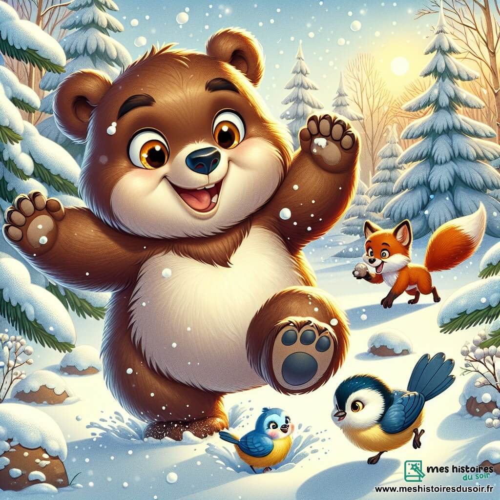 Un jeune ours brun nommé Oscar, rond et doux, avec des yeux curieux et un grand sourire, saute joyeusement dans la neige fraîche. À ses côtés, une mésange aux plumes bleues et jaunes, nommée Léa, vole en cercles autour de lui, picorant des graines sur une branche enneigée. Un renard espiègle, Félix, avec son pelage roux, se tient un peu plus loin, riant et lançant une boule de neige vers Oscar. La scène se déroule dans une clairière enchantée, entourée de sapins chargés de neige scintillante, où le soleil d'hiver brille doucement. Oscar et ses amis s'amusent en construisant des bonshommes de neige et en riant, tandis que des flocons tombent autour d'eux, créant une atmosphère magique.