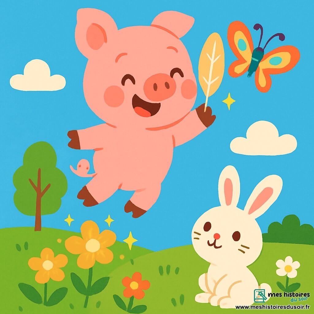 Un petit cochon rose, joyeux et souriant, vole dans le ciel bleu avec une plume magique dans ses pattes. Un papillon coloré danse autour de lui, tandis qu'un lapin blanc l'observe avec admiration dans un jardin fleuri. La prairie, remplie de fleurs et d'arbres, crée un cadre enchanteur. Petit Cochon rit de bonheur, célébrant son vol magique au-dessus de la nature.