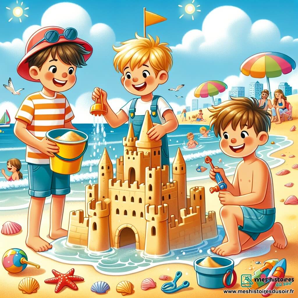 Trois garçons construisent un château de sable sur une plage ensoleillée. Lucas, 8 ans, porte un chapeau rouge et tient un seau de sable. Max, 7 ans, éclabousse l'eau avec ses pieds, tandis que Tom, 6 ans, décore le château avec des coquillages. La plage est magnifique, avec du sable doré, des vagues douces et des parasols colorés. Les garçons rient et s'amusent, créant ensemble leur château, tandis qu'une étoile de mer ajoute une touche de magie à leur journée.