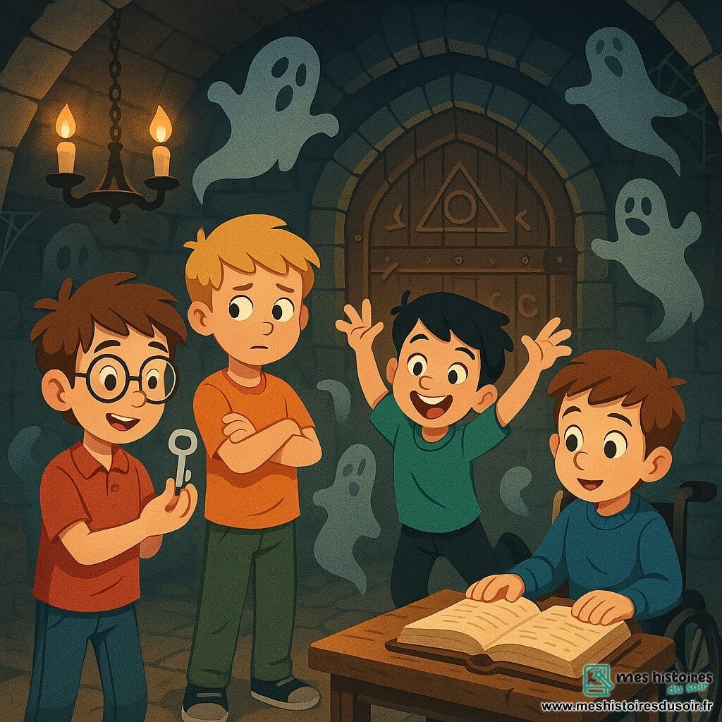 Quatre garçons se trouvent dans une vieille cave mystérieuse : Maxime, 11 ans, cheveux bruns en bataille et lunettes rondes, admire une clé en argent ; Hugo, 12 ans, cheveux blonds et t-shirt orange, se tient à côté de lui, curieux et inquiet ; Lucas, 11 ans, cheveux noirs, danse joyeusement en imitant des fantômes ; Evan, 12 ans en fauteuil roulant, observe un livre ancien sur une table. La cave est sombre, poussiéreuse, avec des murs en pierre et des chandeliers diffusant une lumière vacillante. Une grande porte en bois ornée de symboles mystérieux attire leur attention. Les garçons effectuent un rituel magique entourés de silhouettes de fantômes dansants, créant une atmosphère à la fois effrayante et joyeuse, prête pour une aventure d'Halloween.