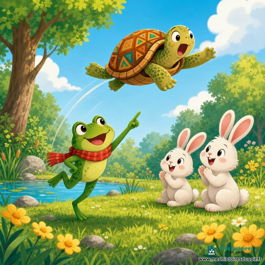 Une petite grenouille verte brillante, yeux ronds, portant une écharpe rouge et en position de saut, sourit et montre une tortue brun-orange à motifs qui bondit au-dessus d'elle, l'air surpris et fier ; deux petits lapins blancs aux oreilles roses applaudissent assis sur l'herbe d'une clairière ensoleillée près d'un étang avec fleurs jaunes et pierres, scène joyeuse et ludique montrant la grenouille apprenant à la tortue à sauter.