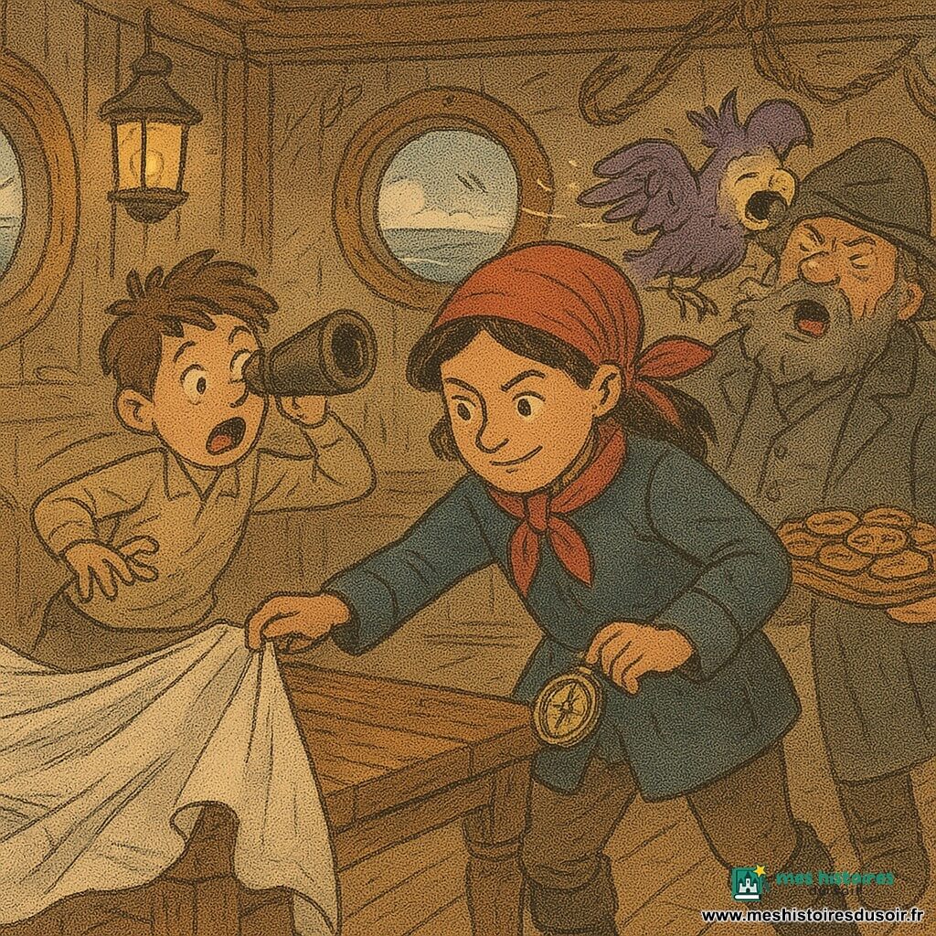 Capitaine Maïa, femme adulte au visage déterminé et souriant, foulard rouge et bottes propres, penchée près d’une table en bois tandis qu’elle glisse discrètement le Compas des Marées dans sa poche; Jo, garçon d’environ 10 ans, petit et vif, tient une longue-vue trop grande et fait semblant de paniquer en renversant la nappe à gauche; Nino, cuisinier rond et bonhomme avec de la farine sur le nez et un tablier, tient un plateau de biscuits juste derrière Maïa à droite, air complice; Capitaine Brume, homme adulte en grand manteau gris et chapeau large, éternue exagérément debout face à Maïa, surpris et ridicule, et son perroquet violet aux plumes exubérantes éternue aussi sur son épaule; intérieur d’un vieux phare en bois avec table rustique, fenêtres rondes sur la mer, lumière dorée des lanternes, cordages en ombre et sol en lattes usées; scène humoristique et malicieuse où les biscuits à la cannelle provoquent un éternuement général, la nappe glisse et Maïa récupère le compas, composition serrée, couleurs chaudes et textures de papier journal imprimé.