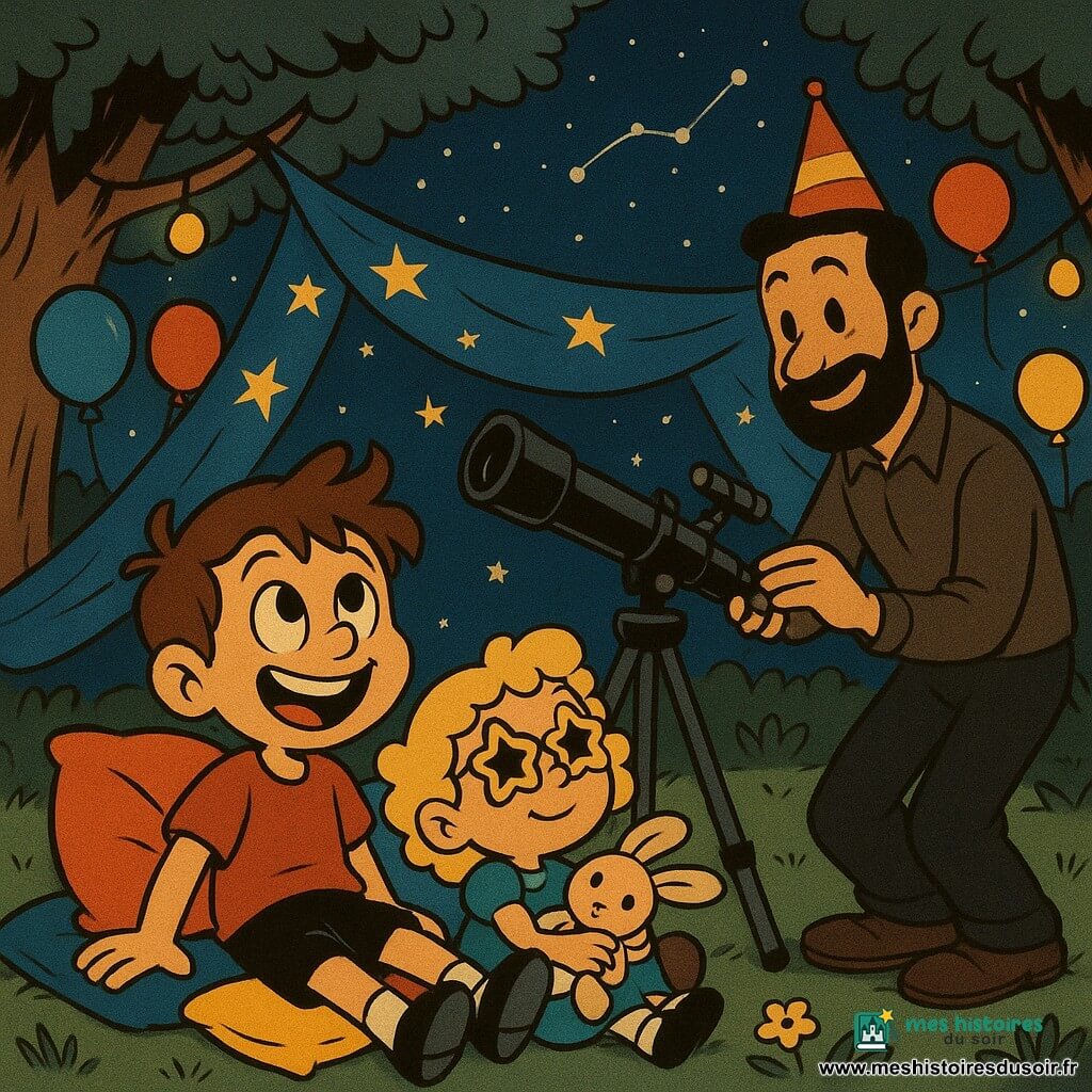 Un garçon de 10 ans, Tom, avec des cheveux bruns ébouriffés et des yeux pétillants, sourit largement. Il est assis sous un dôme étoilé de draps entre deux arbres, entouré de coussins colorés. Sa sœur Lila, 6 ans, avec des cheveux blonds bouclés et des lunettes en forme d'étoiles, est à côté de lui avec un doudou lapin. Elle regarde Tom avec admiration. Leur père, un homme d'une quarantaine d'années avec une barbe courte et un chapeau de fête, ajuste un télescope. Le jardin est éclairé par des guirlandes lumineuses et des ballons colorés flottent dans l'air. La scène montre Tom et ses amis allongés sur les coussins, émerveillés par les constellations visibles à travers le télescope.